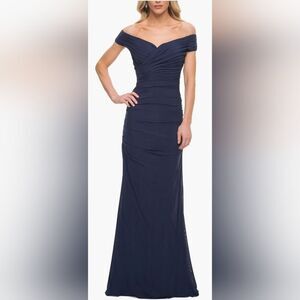 La Femme 30363 Long Ruched Gown with Off the Shoulder Top NWOT Size 8 Navy Blue